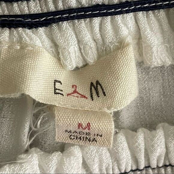 E&M Blue and White Off Shoulder Blouse Embroidered Detail on Bottom Hem Medium - Picture 7 of 10